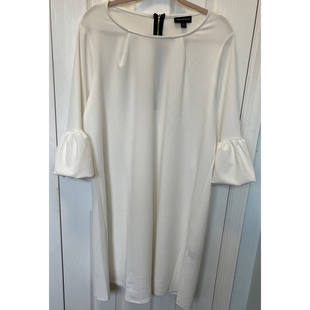 Nina Leonard Bell-Sleeve Crepe Swing Dress Ivory White Plus Size 1X L6832BW